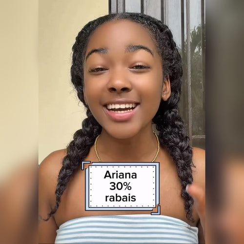 Ariana with braided hair smiling, with a text overlay indicating a discount.