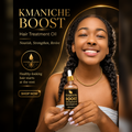 Ariana holding Kmaniche Boost hair treatment oil with product packaging on a dark background