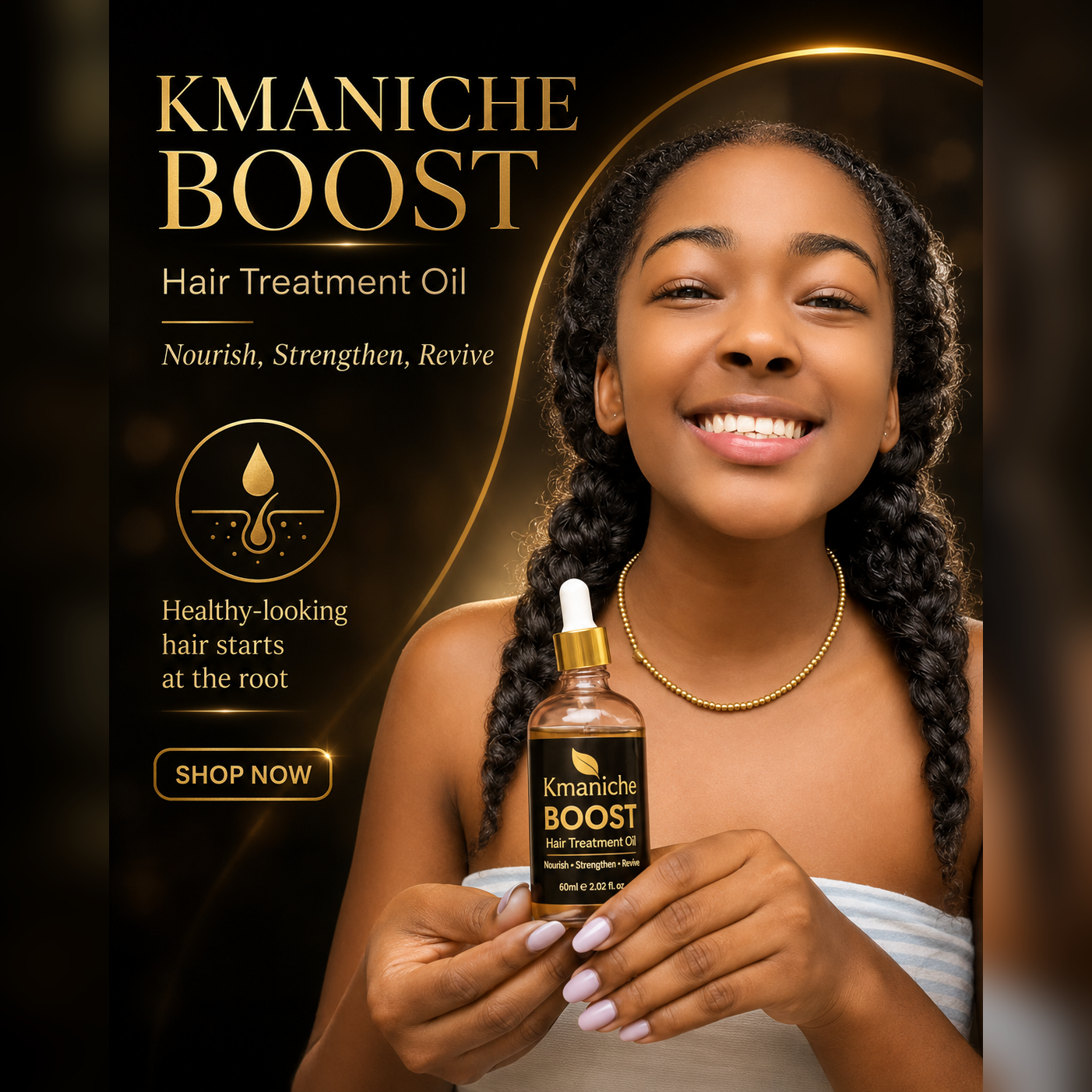 Ariana holding Kmaniche Boost hair treatment oil with product packaging on a dark background