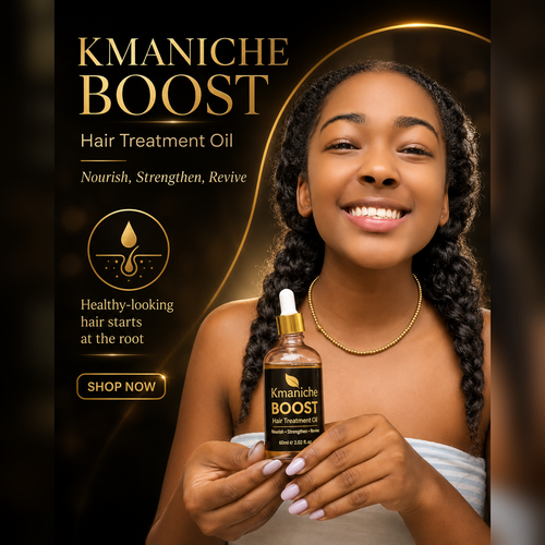 Ariana holding Kmaniche Boost hair treatment oil with product packaging on a dark background