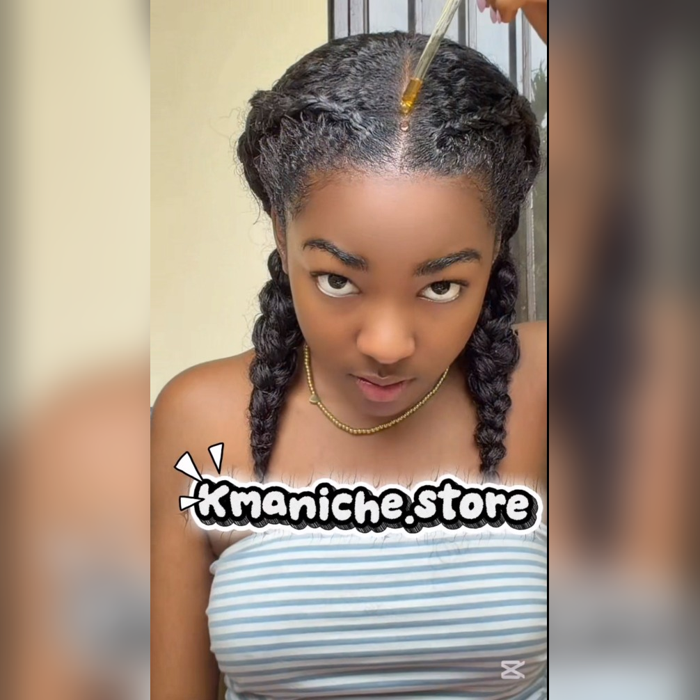 Ariana  with braided hair receiving a treatment, with 'kmaniche boost"
