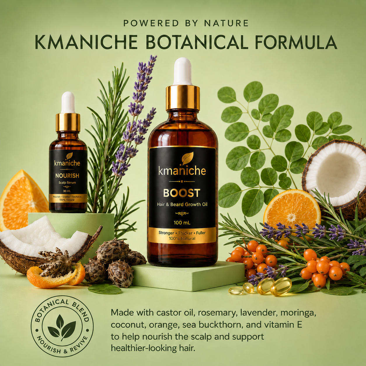 Kmaniche botanical hair care products with natural ingredients on a green background