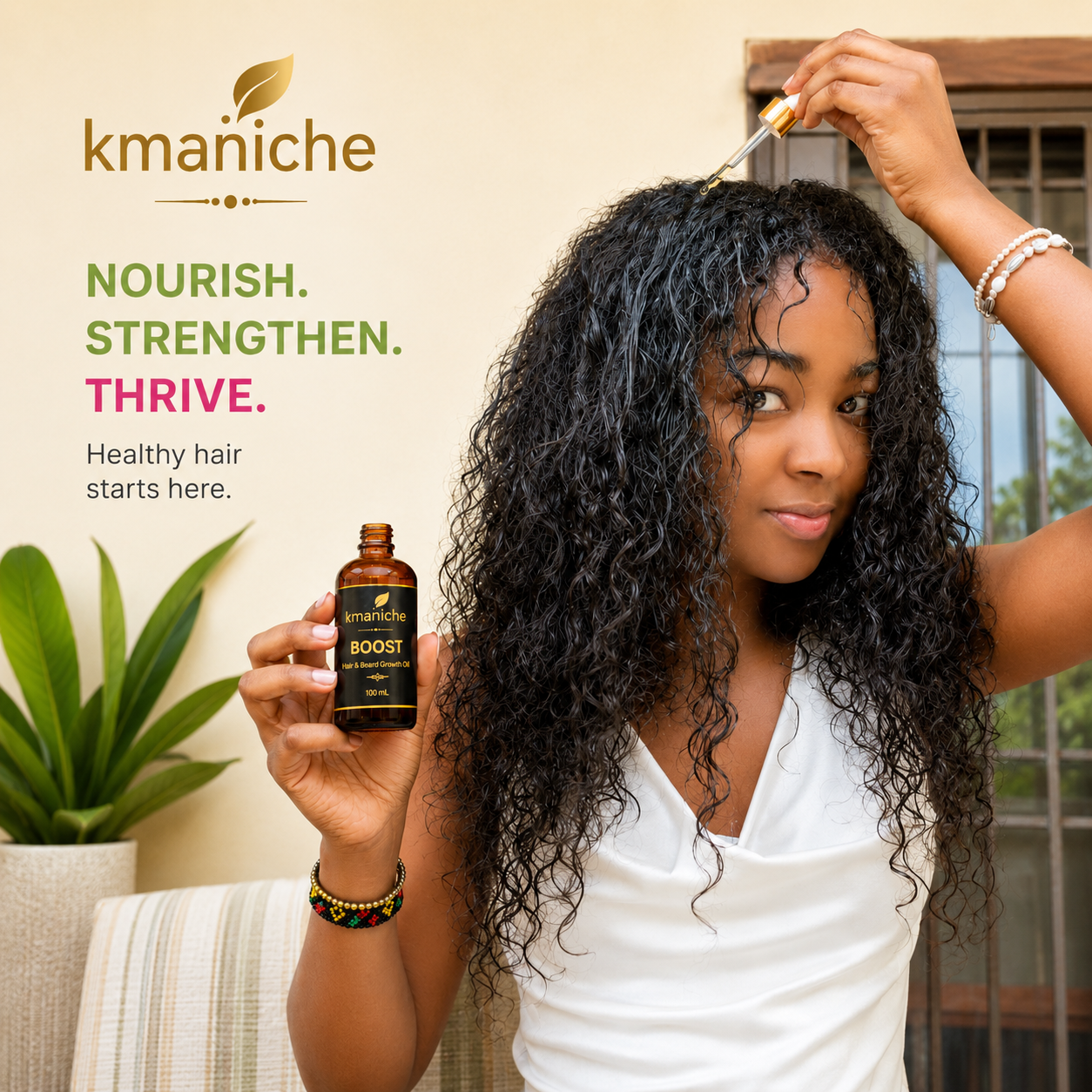 Ariana with curly hair using kmaniche hair oil with a dropper, indoor setting.