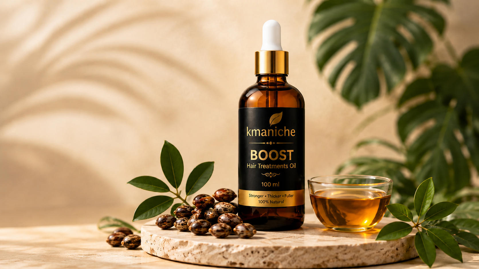 Kmaniche Boost hair treatment oil with Haitian castor seeds