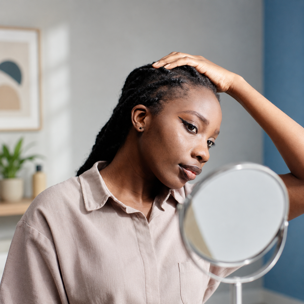 kmaniche Woman examining her hair in front of a mirror in a room with decor elements.