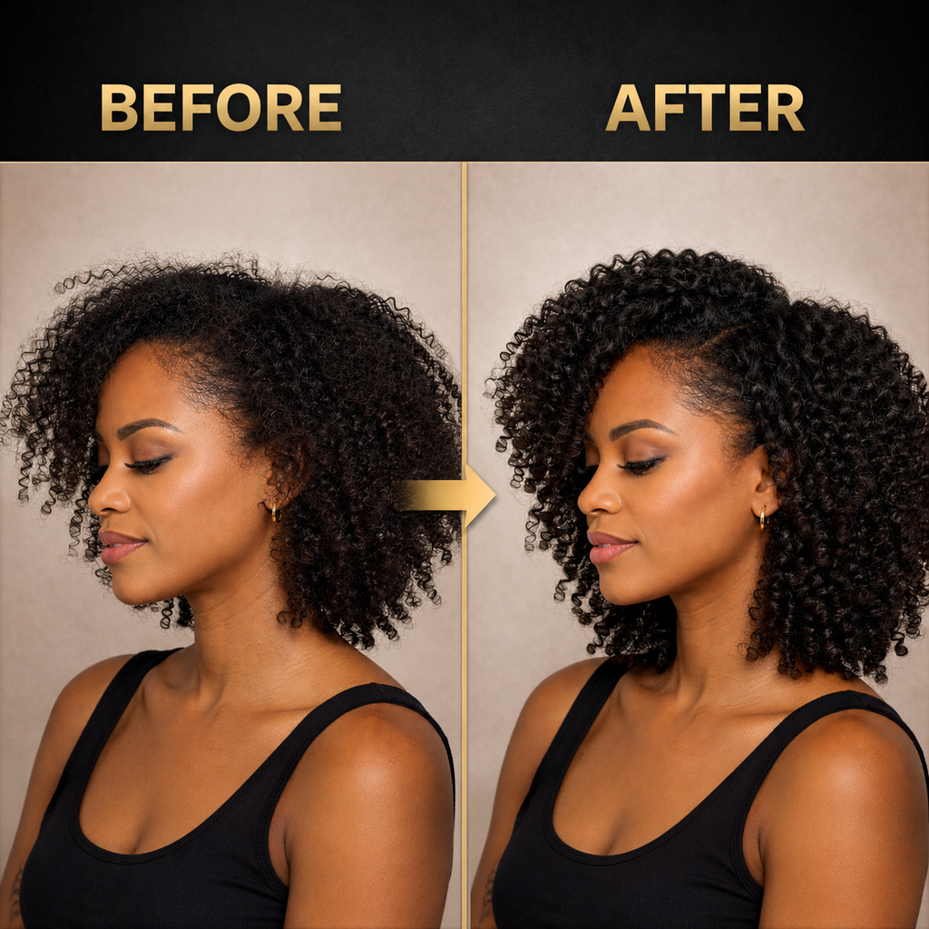 kmaniche oil Before and after comparison of a woman with curly hair against a neutral background
